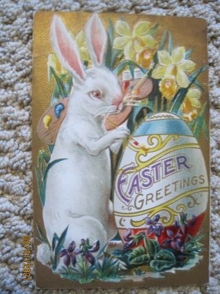Vintage Easter Pc,  Large Bunny Rabbit Painting Easter Egg,  Embossed,  1909 Posted