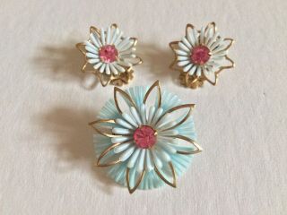Vintage Pin Brooch & Clip Earrings Blue Flower Pink Gold