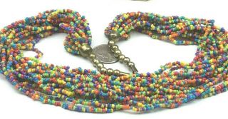 Vintage Style Necklace Glass Multi Color Seed Bead Multi Strand Brass India