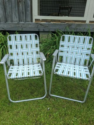 Set Of 2 Vtg Match Aluminum Webbed Folding Beach Lawn Chairs White Stripe
