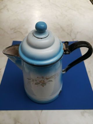 Vintage Enamel Tea Kettle Flowers Blue White