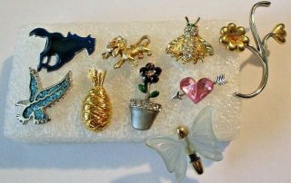 8 Vintage Pins Mixed Materials Eagle Flowers Butterfly Bug Pineapple