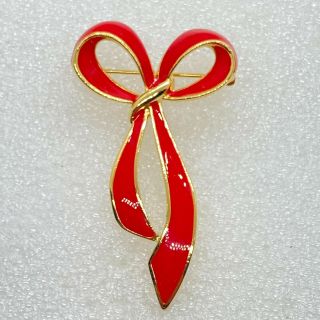 Vintage Red Bow Brooch Pin Ribbon Enamel Gold Tone Costume Jewelry