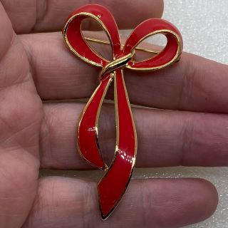 Vintage RED BOW BROOCH Pin Ribbon Enamel Gold Tone Costume Jewelry 2