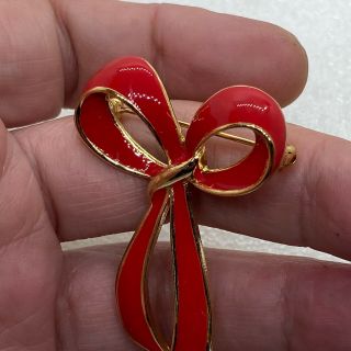 Vintage RED BOW BROOCH Pin Ribbon Enamel Gold Tone Costume Jewelry 3