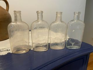 4 - 1800s Antique Clear Whiskey Flask Bottles,  Vintage Glass