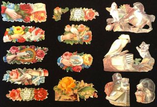 Fourteen Vintage 1880s - 1900s Victorian Die - Cut Scraps - Animals & Florals