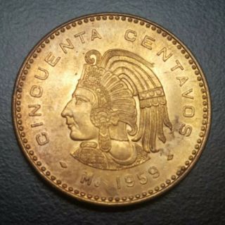 1959 Mexico 50 Centavos Large Bronze 33mm Vintage Coin Km 450 Aztec Warrior Unc