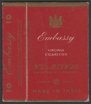 Vintage Embassy Virginia Cigarette Packet W.  D.  & H.  O.  Wills,  India