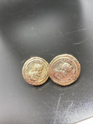 Vintage Accessocraft Nyc Gold Greek Coin Clip On Earrings,  Signed