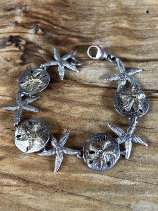 Vintage Sterling Silver Sand Dollar Sea Star Fish Link Bracelet 6 1/2 Inches