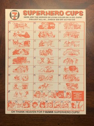 Vintage 1977 7 - 11 7 Eleven Marvel Superhero Slurpee Cups Checklist