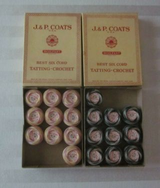 2 Boxes Vintage J & P Coats Tatting Cotton Thread Variegated Black White Yellow