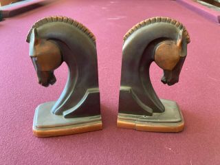 Vintage Metal Art Deco Horse Head Bookends By Trophy Craft Co.  Trojan Set