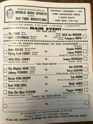 Vintage Detroit Body Press wrestling program Dec 1974 - The Sheik,  Bobo Brazil 2