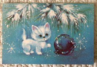 Vintage Retro Christmas Cat Kitty Teal Blue Turquoise Rustcraft Greeting Card