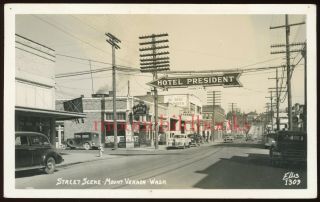 Vtg Mount Vernon Wa Street Photo Postcard Rppc 1940s? History Ellis Signs Cars,