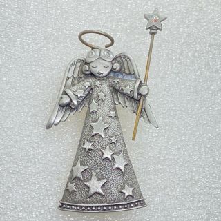 Signed Jj Vintage Angel Brooch Pin Stars Wand Rhinestone Pewter Costume Jewelry