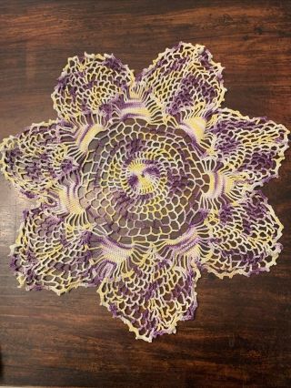 Vintage Doily Variegated Purple And Yellow Hand Crochet 17” 1940’s
