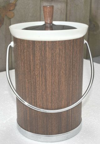 Vintage Kromex Ice Bucket Faux Wood Grain Chrome Lid Wood Handles Barware Usa