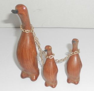 Vintage Wooden Penguin Family Of 3 Chained W/ Rhinestone Eyes Hk Mid Century?