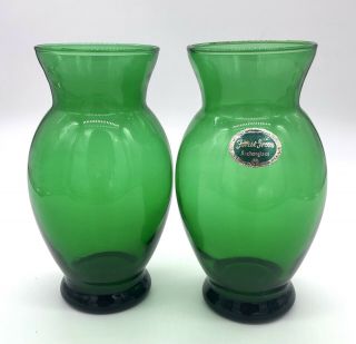 Pair Vintage,  Anchor Hocking Forest Green Glass Vase 1 With Label