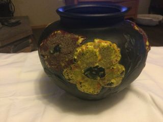 Vintage Tokanabe Vase 5 - 1/2” Tall Black With Red & Yellow Flowers Made In Japan