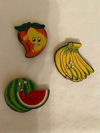 Vintage Rare Set Of 3 Refrigerator Magnets Strawberry Watermelon Bananas Wooden