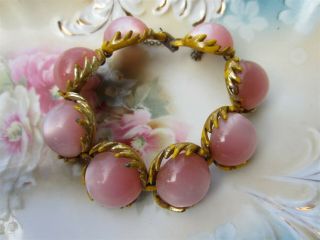 Vintage Coro Thermoset Pink Plastic Moonglow Dome & Yellow Enamel Link Bracelet