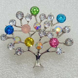 Vintage Tree Of Life Brooch Pin Rhinestone Silver Tone Costume Jewelry