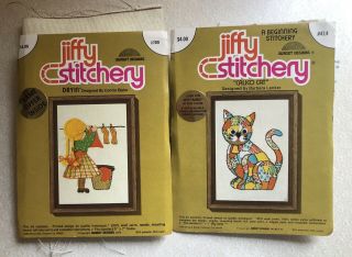Vintage 70’s Jiffy Stitchery Calico Cat/dryin’ Crewel/embroidery Kits 414/709