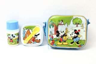 Vtg Mickey & Minnie Mouse Insulated Lunch Bag Strap W/thermos Food Container Set