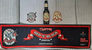Iron Maiden Trooper Beer Rare Bar Runner Red & Black.  Mat Bottle Patch Sign Set
