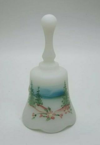 Vintage Fenton White Frosted Glass Hand Painted Bell Artist Signed
