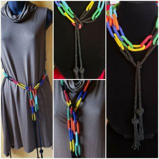 Unique Vtg Retro Multi - Color Rope Chain - Link Style Seed Bead Lariat/belt 68 " Euc