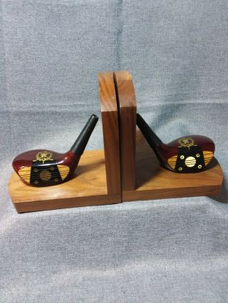 Vintage Wooden Block Book Ends With Golf Clubs Unique Great Gift