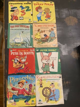 Vintage 1960s Set Of 8 Peter Pan Co Records - Puss N Boots /ugly Duck /pinocchio,