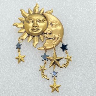 Vintage Celestial Brooch Pin Sun Moon Shooting Stars Gold Tone Costume Jewelry