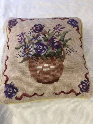 Handmade Needlepoint Pillow 10” X 10” Purple Floral Basket Vintage