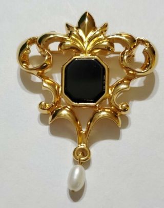 Vintage Avon Gold Tone Brooch Pin Black Glass With Freshwater Pearl