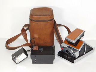 Vtg Polaroid Sx - 70 Land Camera Brown Leather Folding Instant Film Itt Magicflash