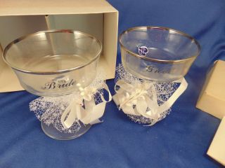 Antique Bride & Groom Toasting Glasses Javit Crystal Boxed Set Silver Rim Design