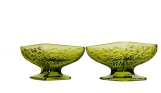 Set (2) Vintage Green Depression Glass With Footed Diamond Shaped Floral Bowls