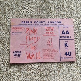 Pink Floyd Ticket Earls Court 16/06/81 The Wall K40