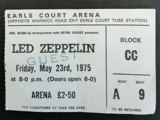 Rare Led Zeppelin Concert Ticket From London Earls Court Arena May 23rd 1975