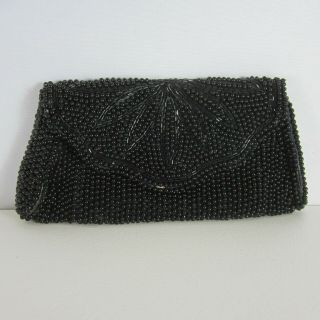 Vintage La Regale Beaded Black Evening Bag Clutch Purse Hand Made Satin Lining