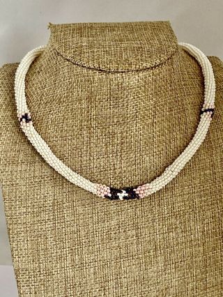 Antique Vintage Art Deco Woven Bead Necklace White / Pink / Purple Glass Beads