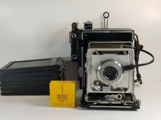 Vintage Graflex Speed Graphic Camera In Case W/6 - 4x5 Film Holders & Accessories