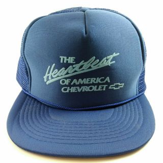 Vtg Chevy Chevrolet Heartbeat Of America Blue Trucker Cap Hat Vented Snapback