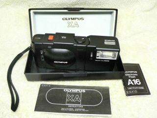 Olympus Xa 35mm Film Rangefinder Camera W/ A16 Flash,  Box & Instructions.